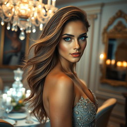 Create an image of a stunning woman in a glamorous setting, inspired by the features of a specific second image which includes defined cheekbones and captivating eyes