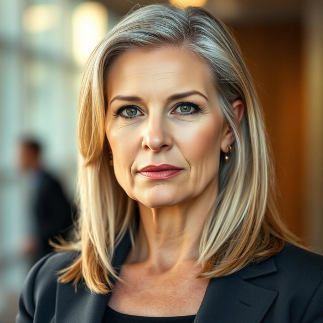 A middle-aged woman who is in shape and well-groomed, featuring longer greying blond hair styled beautifully