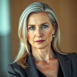 A middle-aged woman who is in shape and well-groomed, featuring longer greying blond hair styled beautifully