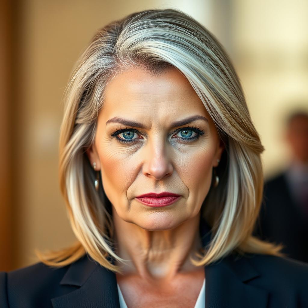 A middle-aged woman who is in shape and well-groomed, featuring longer greying blond hair styled beautifully