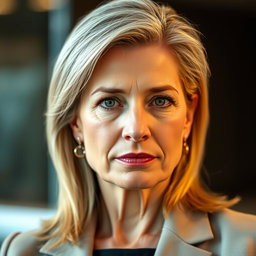 A middle-aged woman who is in shape and well-groomed, featuring longer greying blond hair styled beautifully