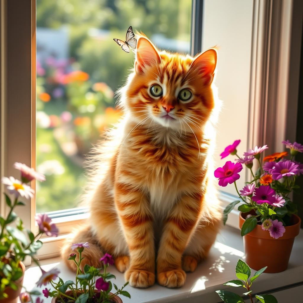 A playful and adorable fluffy ginger tabby cat sitting gracefully on a sunny windowsill, surrounded by potted plants and vibrant flowers
