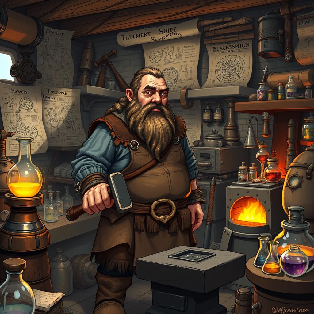 A middle-aged dwarven blacksmith in a cozy, cluttered workshop filled with an array of odd magical and scientific tools