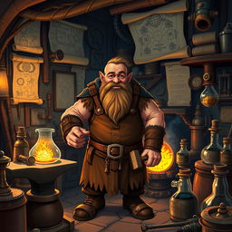 A middle-aged dwarven blacksmith in a cozy, cluttered workshop filled with an array of odd magical and scientific tools