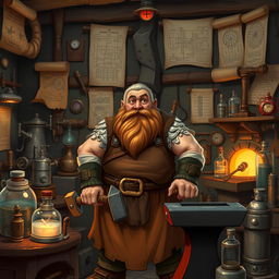 A middle-aged dwarven blacksmith in a cozy, cluttered workshop filled with an array of odd magical and scientific tools