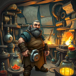 A middle-aged dwarven blacksmith in a cozy, cluttered workshop filled with an array of odd magical and scientific tools