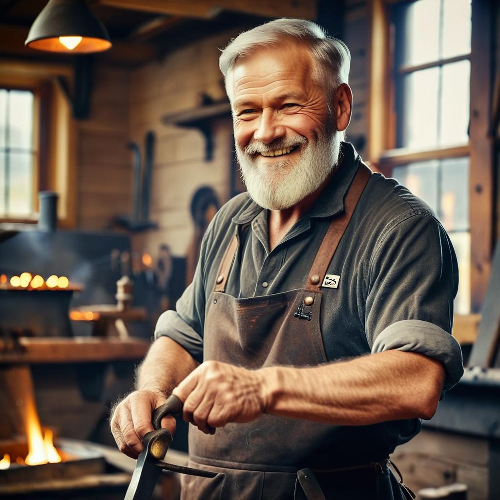 older man, blacksmith, grizzled, jovial, well groomed, short well-kept hair and 