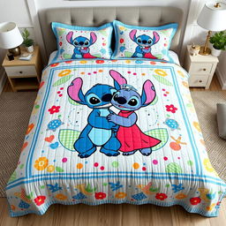 A realistic mockup photo of a handmade quilt bedding set featuring Experiment 626 (Stitch) and Experiment 624 (Angel) from the film "Lilo and Stitch"