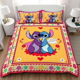 A realistic mockup photo of a handmade quilt bedding set featuring Experiment 626 (Stitch) and Experiment 624 (Angel) from the film "Lilo and Stitch"