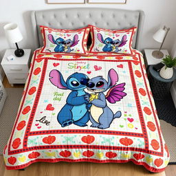 A realistic mockup photo of a handmade quilt bedding set featuring Experiment 626 (Stitch) and Experiment 624 (Angel) from the film "Lilo and Stitch"