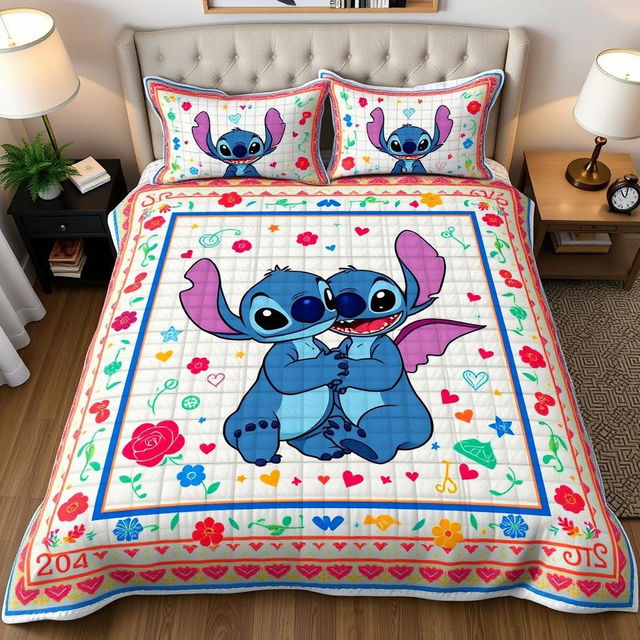 A realistic mockup photo of a handmade quilt bedding set featuring Experiment 626 (Stitch) and Experiment 624 (Angel) from the film "Lilo and Stitch"