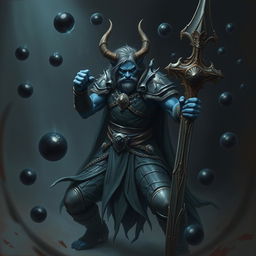 An elegant male Firbolg cleric, poised in a dynamic combat stance, set within a dark and ominous environment