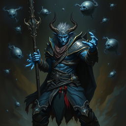 An elegant male Firbolg cleric, poised in a dynamic combat stance, set within a dark and ominous environment