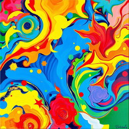 A vibrant, full-color abstract painting bursting with dynamic shapes and energetic patterns