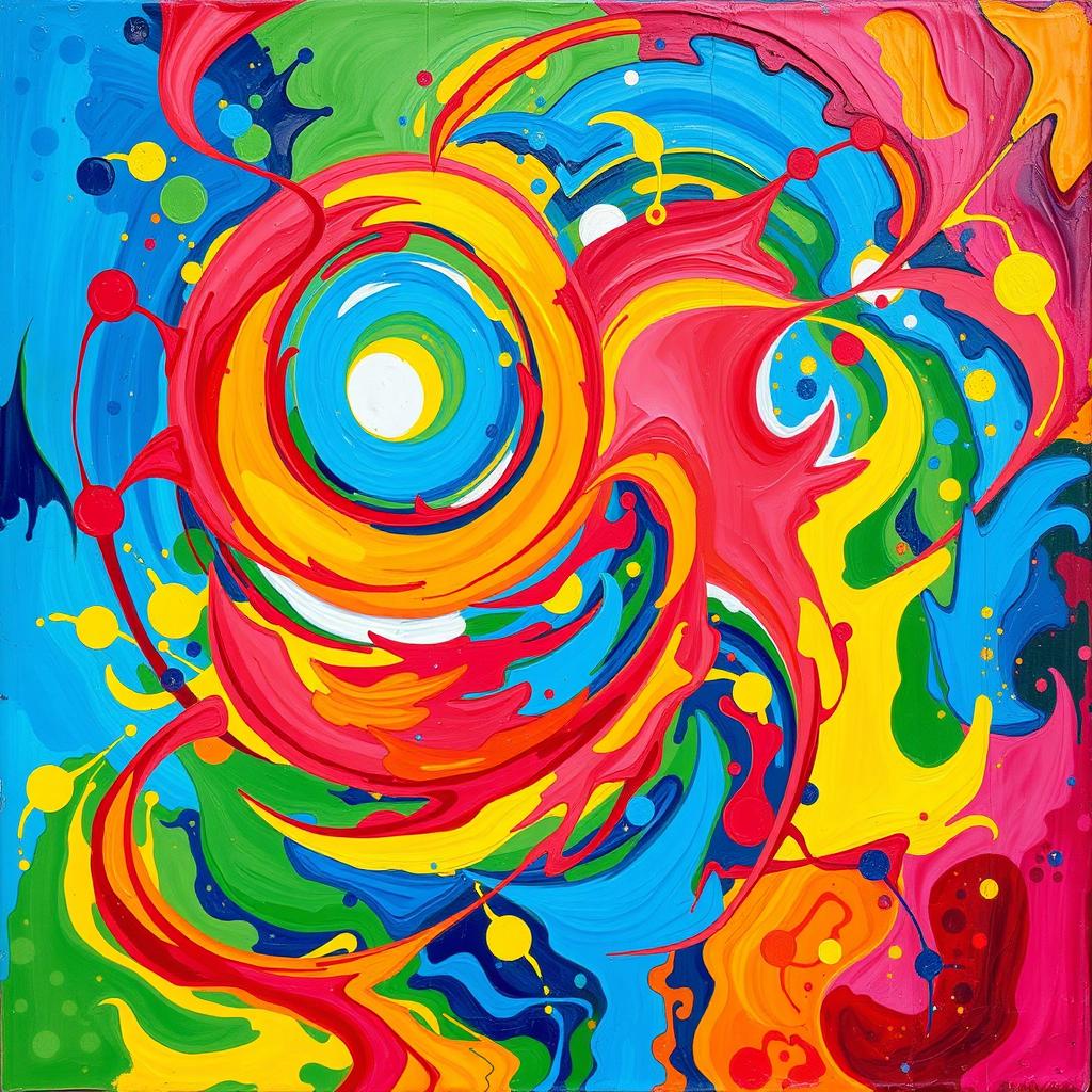 A vibrant, full-color abstract painting bursting with dynamic shapes and energetic patterns