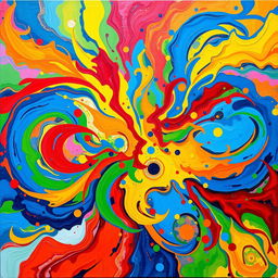A vibrant, full-color abstract painting bursting with dynamic shapes and energetic patterns