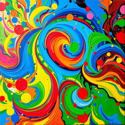 A vibrant, full-color abstract painting bursting with dynamic shapes and energetic patterns