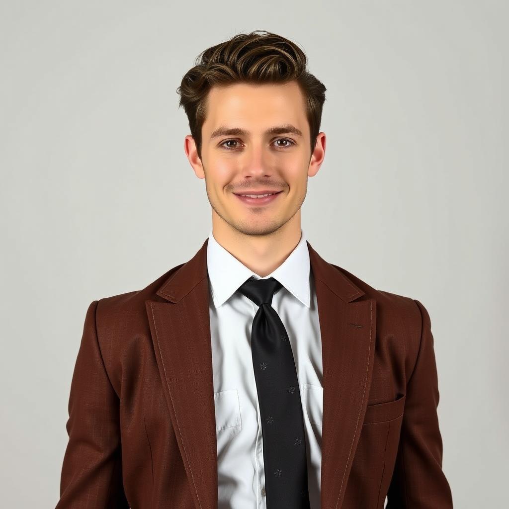 A portrait of a person taking a driver's license photo, dressed in elegant western attire