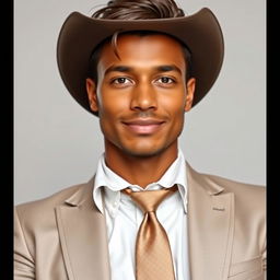 A portrait of a person taking a driver's license photo, dressed in elegant western attire