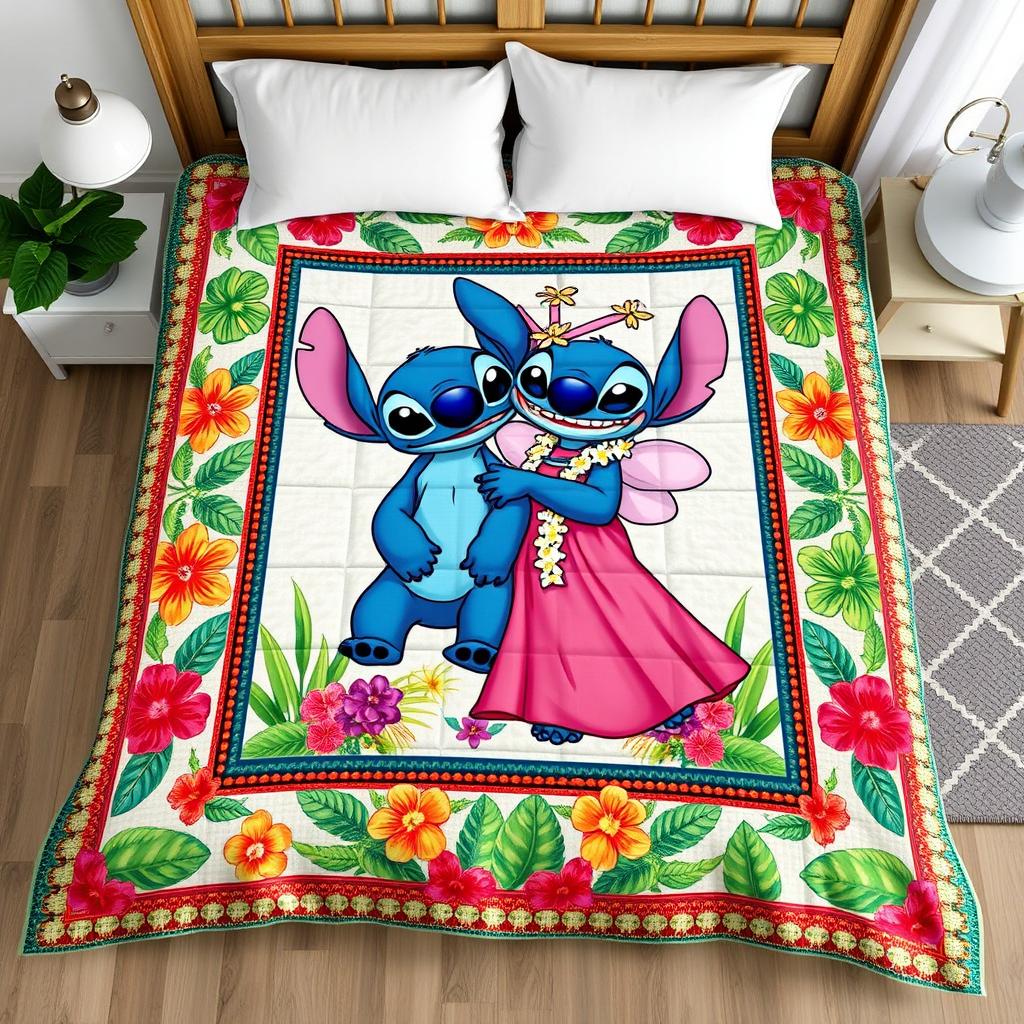 A realistic mockup photo of a handmade quilt bedding set featuring the couple Stitch (blue) and Angel (pink) from the film "Lilo and Stitch"