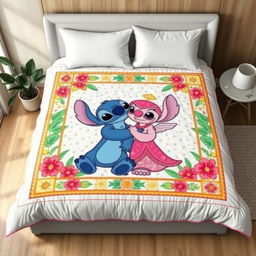 A realistic mockup photo of a handmade quilt bedding set featuring the couple Stitch (blue) and Angel (pink) from the film "Lilo and Stitch"