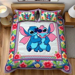 A realistic mockup photo of a handmade quilt bedding set featuring the couple Stitch (blue) and Angel (pink) from the film "Lilo and Stitch"