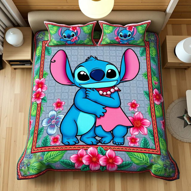 A realistic mockup photo of a handmade quilt bedding set featuring the couple Stitch (blue) and Angel (pink) from the film "Lilo and Stitch"