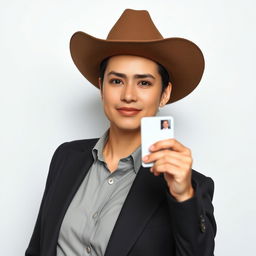 A portrait of a person taking a driver's license photo, dressed in smart western attire