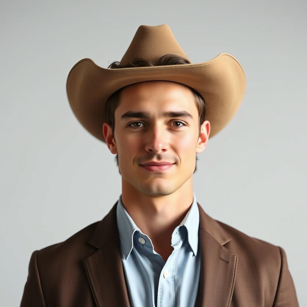A portrait of a person taking a driver's license photo, dressed in smart western attire