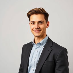 A portrait of a person taking a driver's license photo, dressed in smart western attire