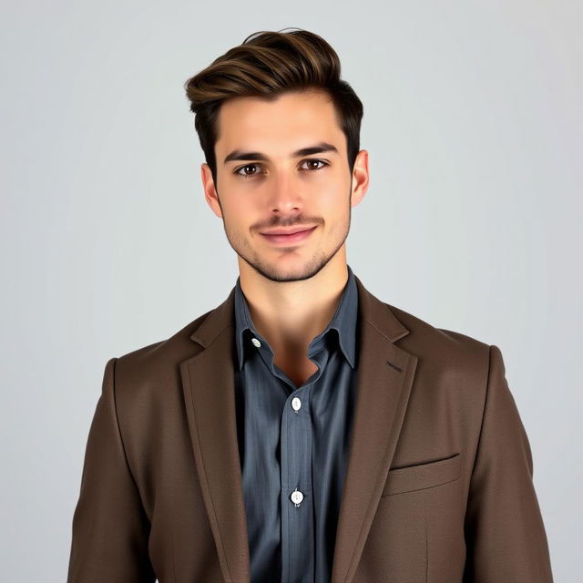 A portrait of a person taking a driver's license photo, dressed in smart western attire
