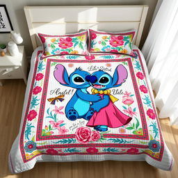 A realistic mockup photo of a handmade quilt bedding set featuring the couple Stitch (blue) and Angel (pink) from the film "Lilo and Stitch"
