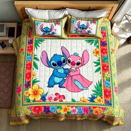 A realistic mockup photo of a handmade quilt bedding set featuring the couple Stitch (blue) and Angel (pink) from the film "Lilo and Stitch"