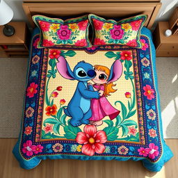 A realistic mockup photo of a handmade quilt bedding set featuring the couple Stitch (blue) and Angel (pink) from the film "Lilo and Stitch"