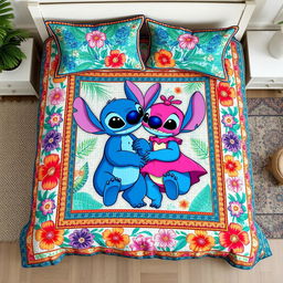A realistic mockup photo of a handmade quilt bedding set featuring the couple Stitch (blue) and Angel (pink) from the film "Lilo and Stitch"