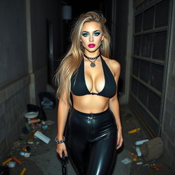 A full length, head to toe photograph of a sexy, beautiful, thin-faced, curvy 18-year-old woman with very thick, long, messy dirty blond hair and stunning crystal blue eyes