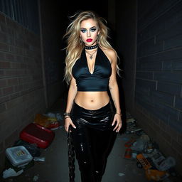 A full length, head to toe photograph of a sexy, beautiful, thin-faced, curvy 18-year-old woman with very thick, long, messy dirty blond hair and striking crystal blue eyes
