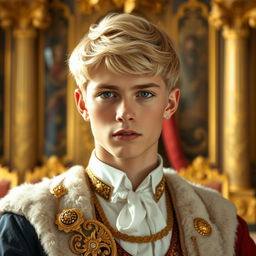 A young man in his late teens, with short, well-kept blonde hair, dressed in elegant royal attire, showcasing confidence and pride