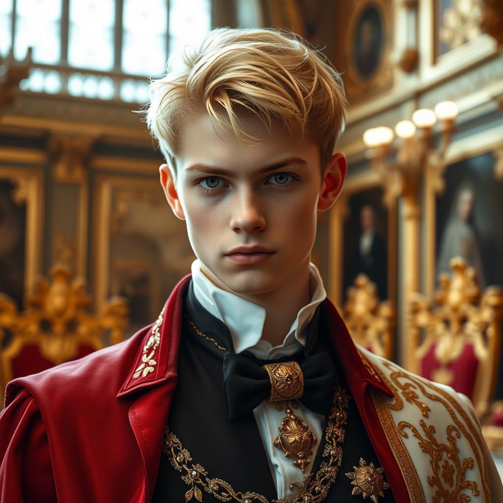 A young man in his late teens, with short, well-kept blonde hair, dressed in elegant royal attire, showcasing confidence and pride