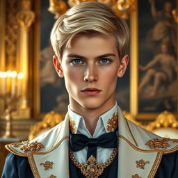 A young man in his late teens, with short, well-kept blonde hair, dressed in elegant royal attire, showcasing confidence and pride