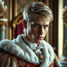 A young man in his late teens, with short, well-kept blonde hair, dressed in elegant royal attire, showcasing confidence and pride
