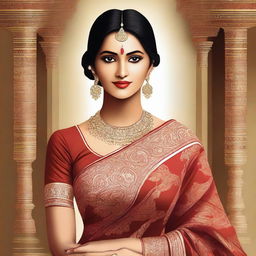 A digital art piece showcasing a woman in a traditional Indian saree