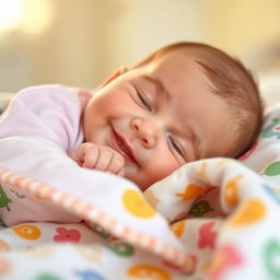 A peaceful, serene scene featuring a baby lying on a soft, colorful blanket, with a gentle smile on their face