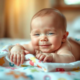A peaceful, serene scene featuring a baby lying on a soft, colorful blanket, with a gentle smile on their face