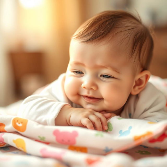 A peaceful, serene scene featuring a baby lying on a soft, colorful blanket, with a gentle smile on their face