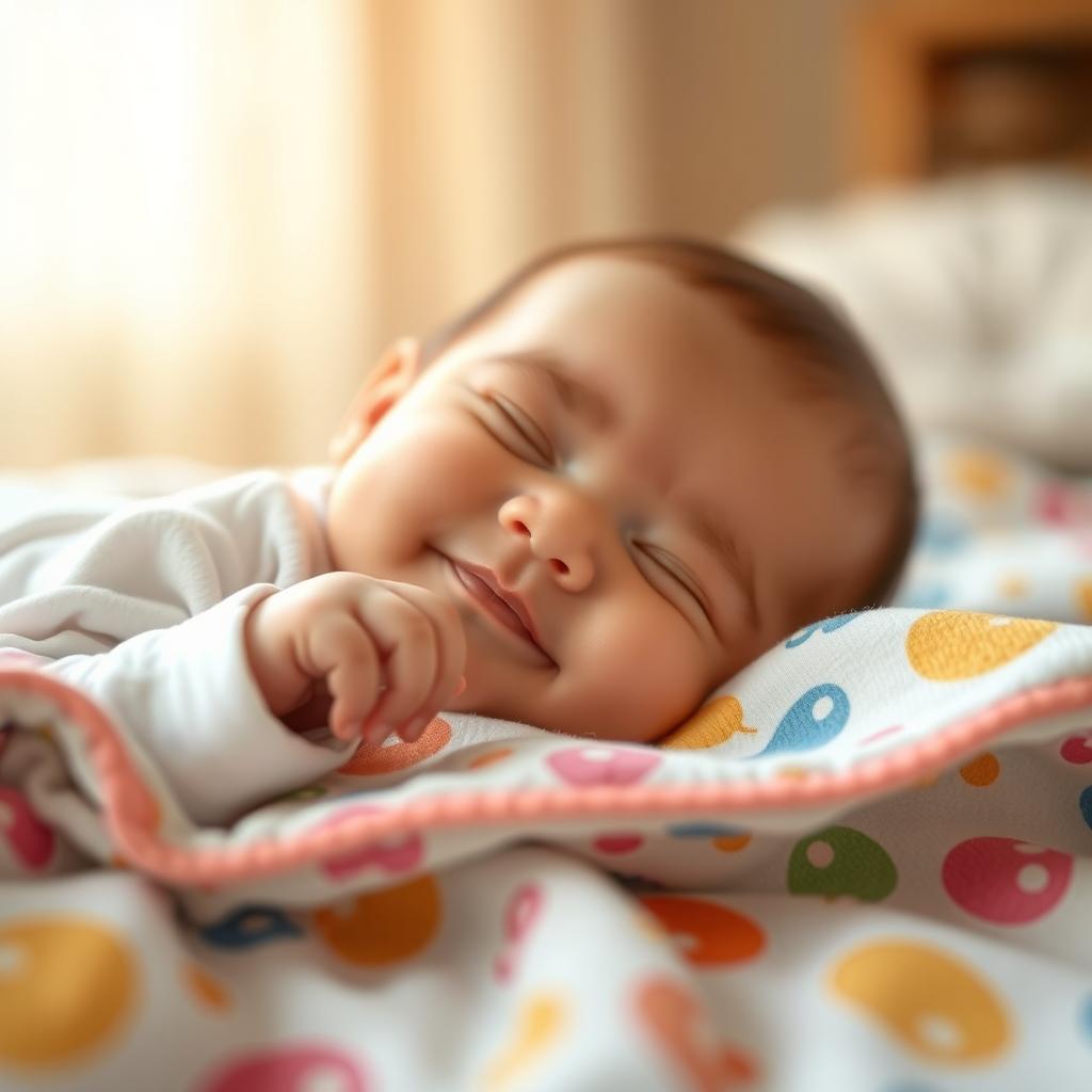 A peaceful, serene scene featuring a baby lying on a soft, colorful blanket, with a gentle smile on their face