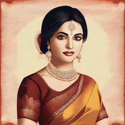 A digital art piece showcasing a woman in a traditional Indian saree