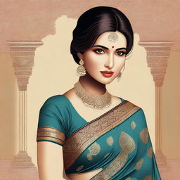 A digital art piece showcasing a woman in a traditional Indian saree