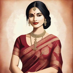 A digital art piece showcasing a woman in a traditional Indian saree