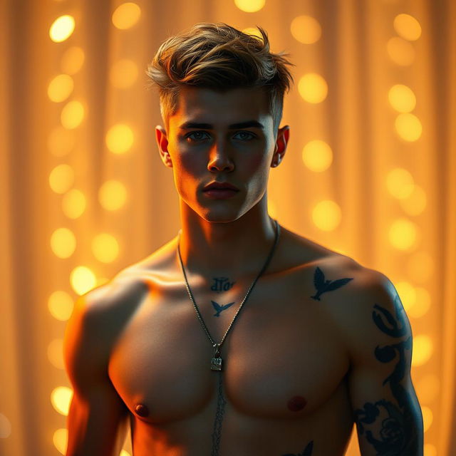 A semi-artistic portrayal of a male figure inspired by Justin Bieber, posed in a confident manner